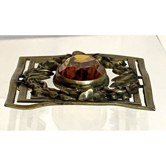 Antique Art Nouveau Brass Sash Pin Amber Glass Stone Open C Clasp 1910s Brooch - Picture 10 of 13